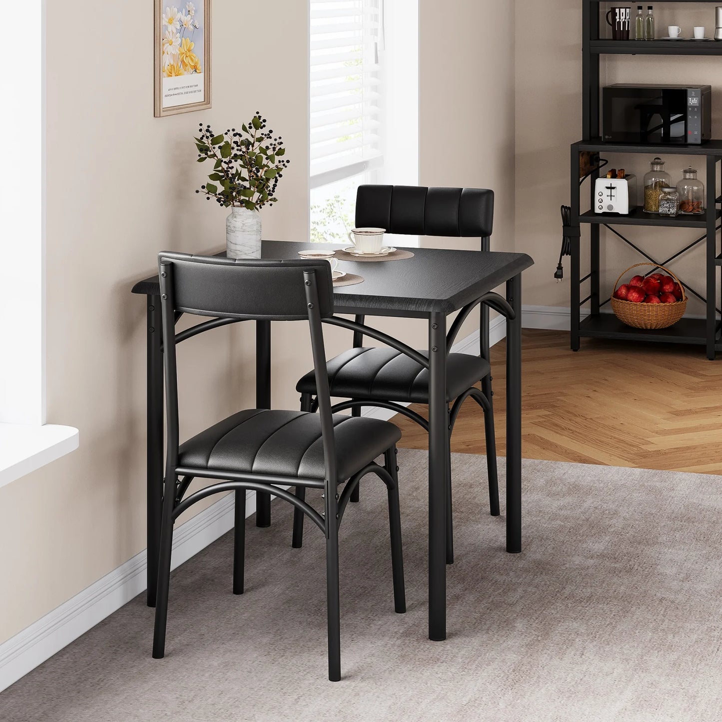 HiMISS Modern Compact Dining Table Set With Two Upholstered Chairs