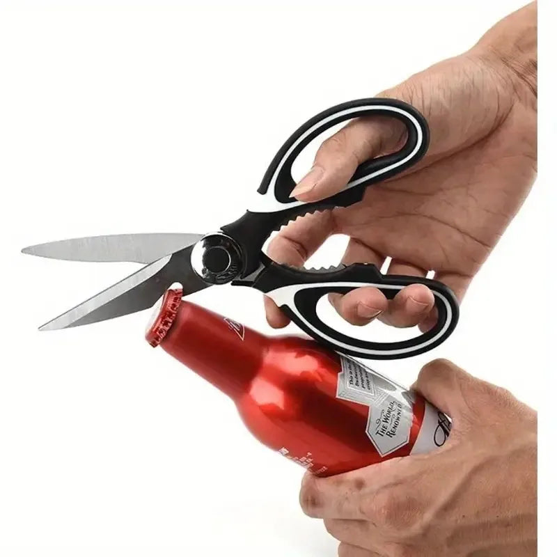 S And B Enterprise stainless steel kitchen scissors; black handles, heavy-duty for bones and vegetables.