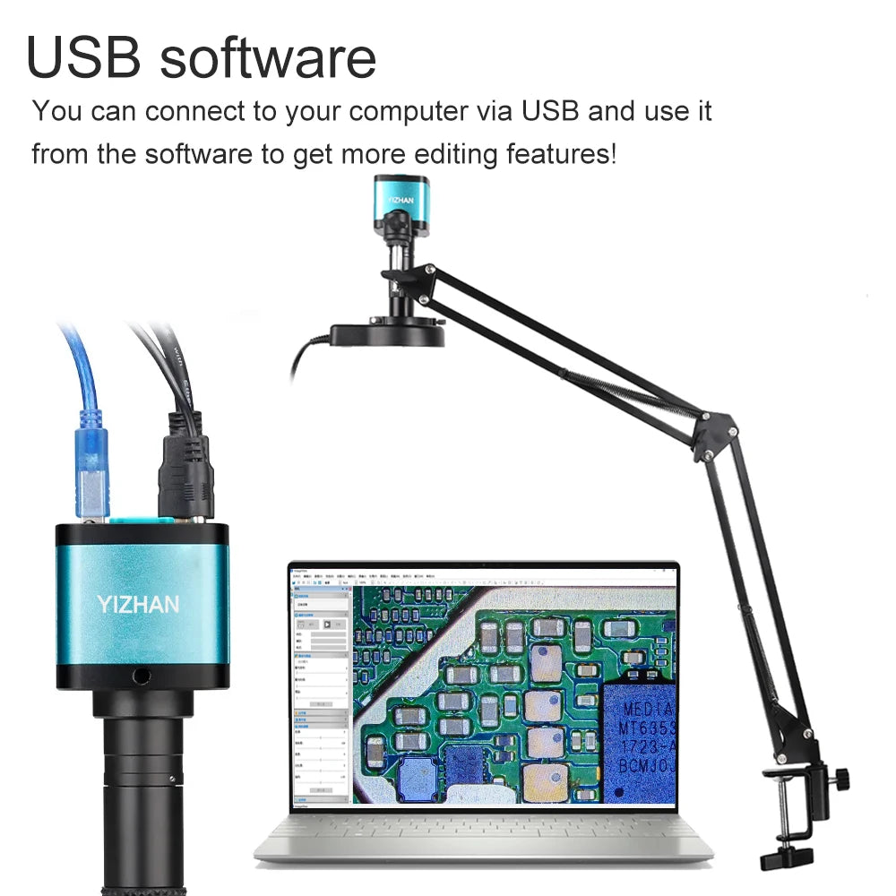 YIZHAN blue soldering microscope with 1–150x zoom on adjustable arm stand; HDMI/USB camera and PCB image on laptop