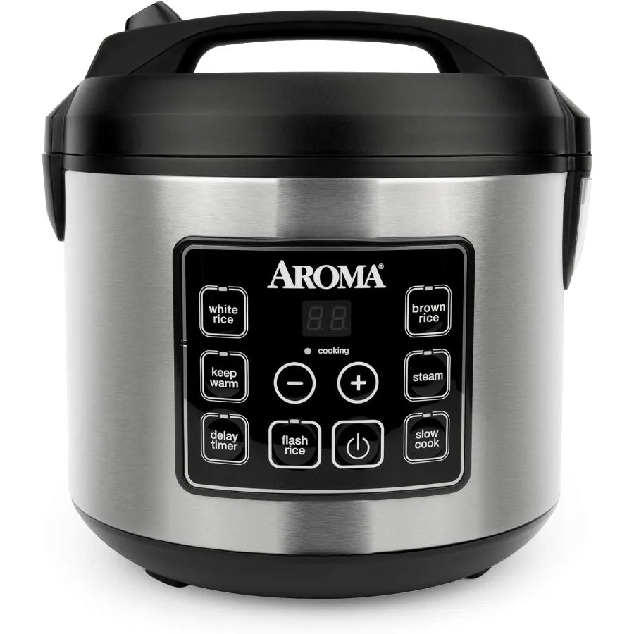 Aroma rice cooker with stainless steel exterior, black lid, and digital control panel.