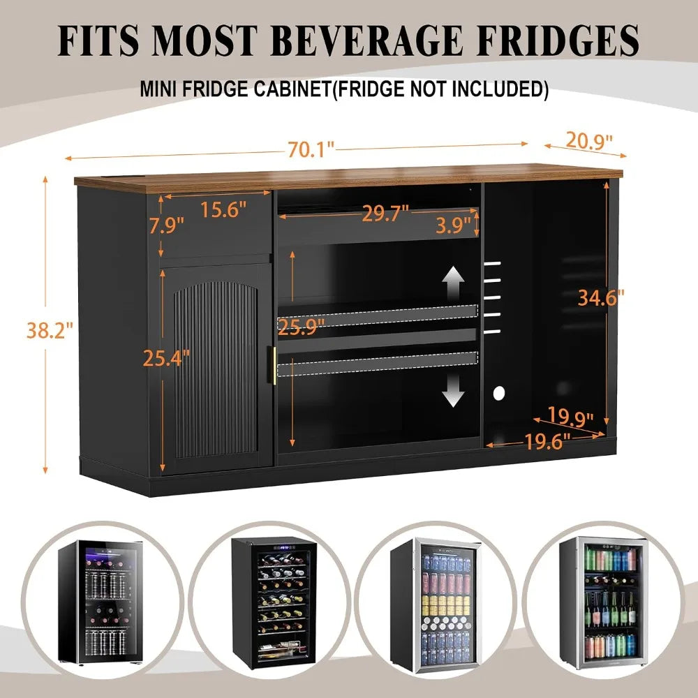GDLF 70.1-inch Snack Bar Cabinet with Fridge Space, black by S And B Enterprise; LED light kit and power outlet.