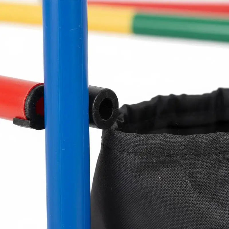 Dog agility training set: blue adjustable hurdle pole with red crossbar and black storage bag