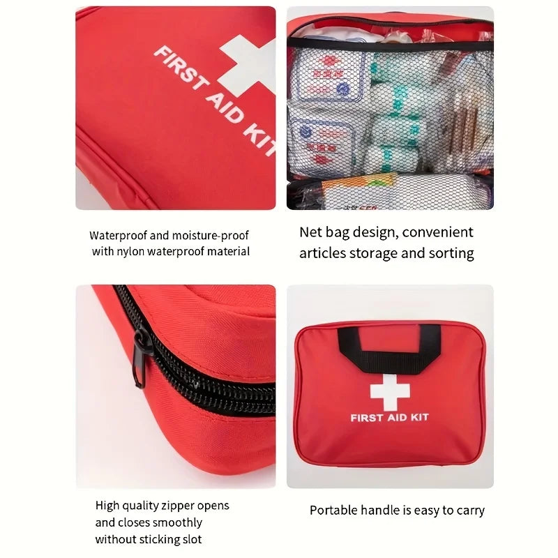 First aid kit by S And B Enterprise; red medical bag with waterproof nylon, net storage, durable zipper, carry handle.