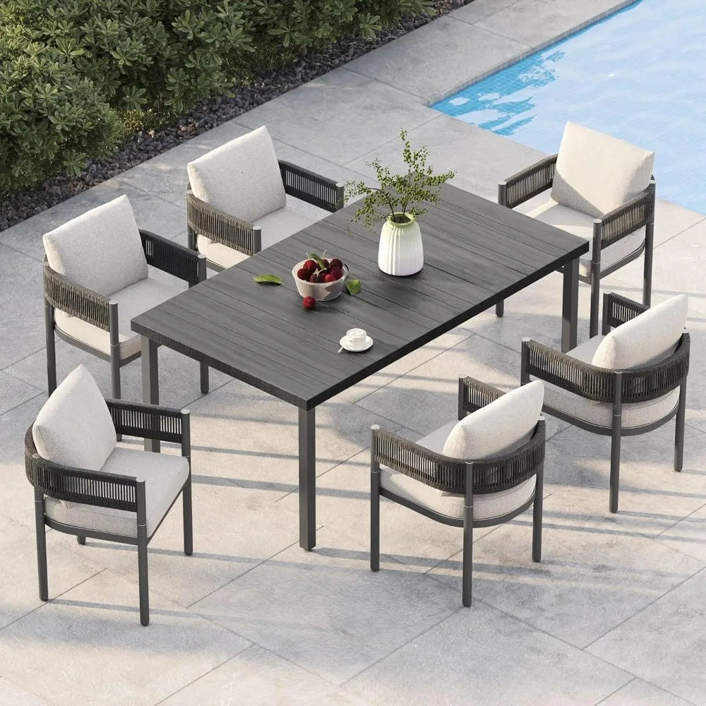 Outdoor Dining Set With Woven Metal Chairs And Cushions by S And B Enterprise
