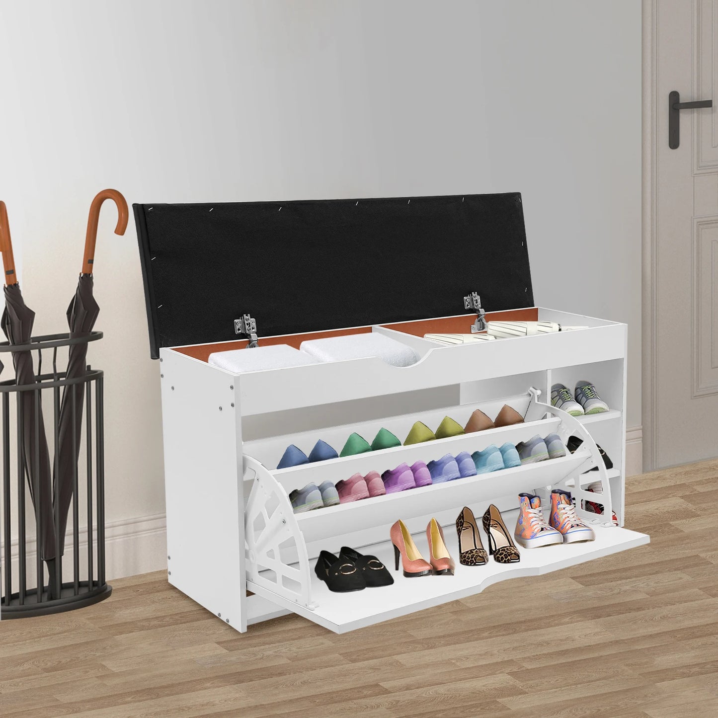 Three-Tier Shoe Bench With Cushioned Seat And Hidden Drawers
