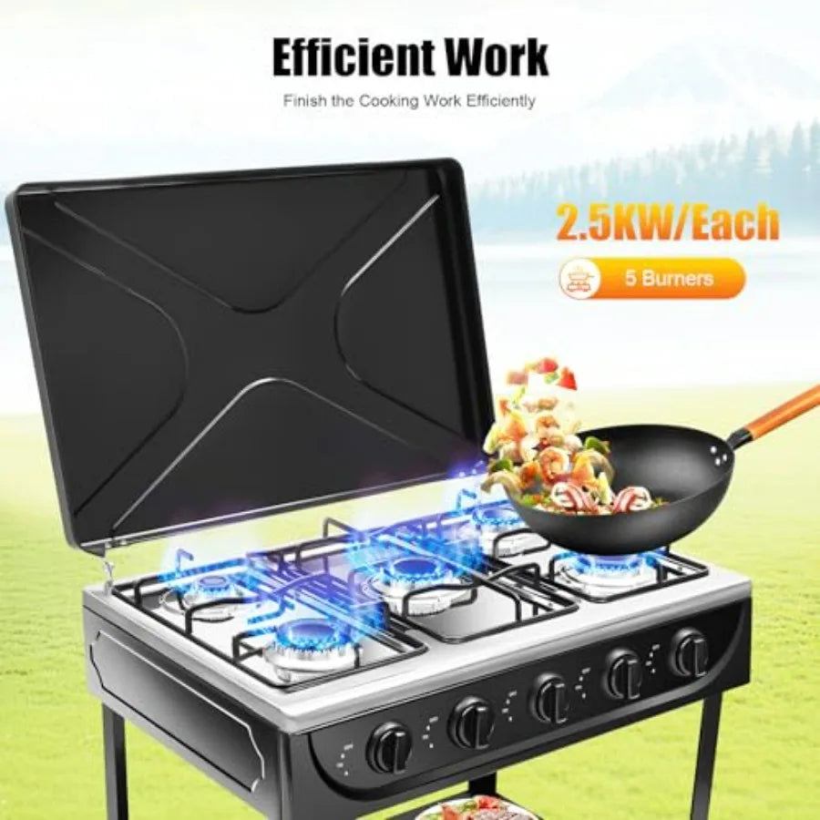 Outdoor Camping 5-Burner Portable Natural Gas Stove Stainless Steel