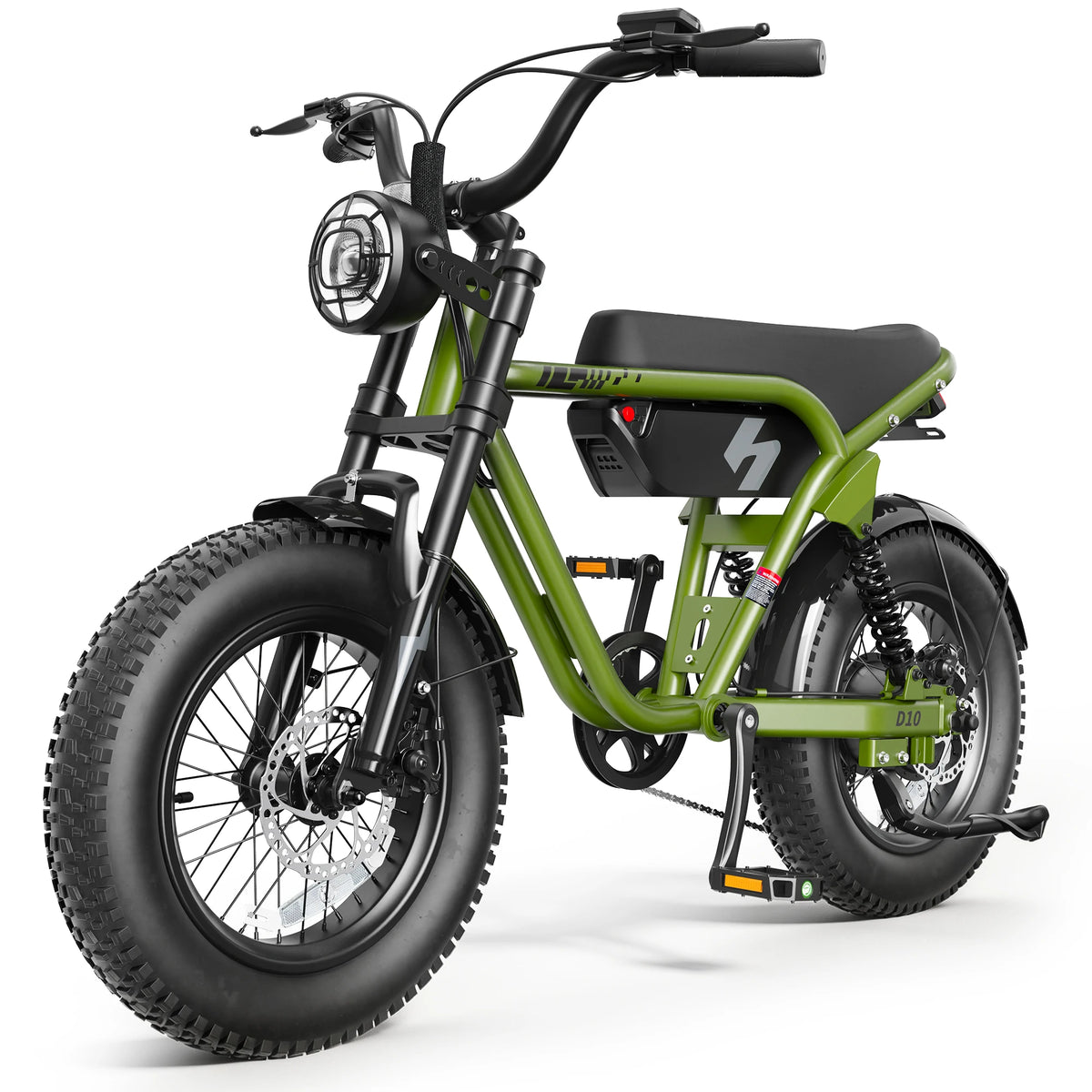 Hopepeak D10 electric bike with green frame and 16-inch fat tires, full suspension
