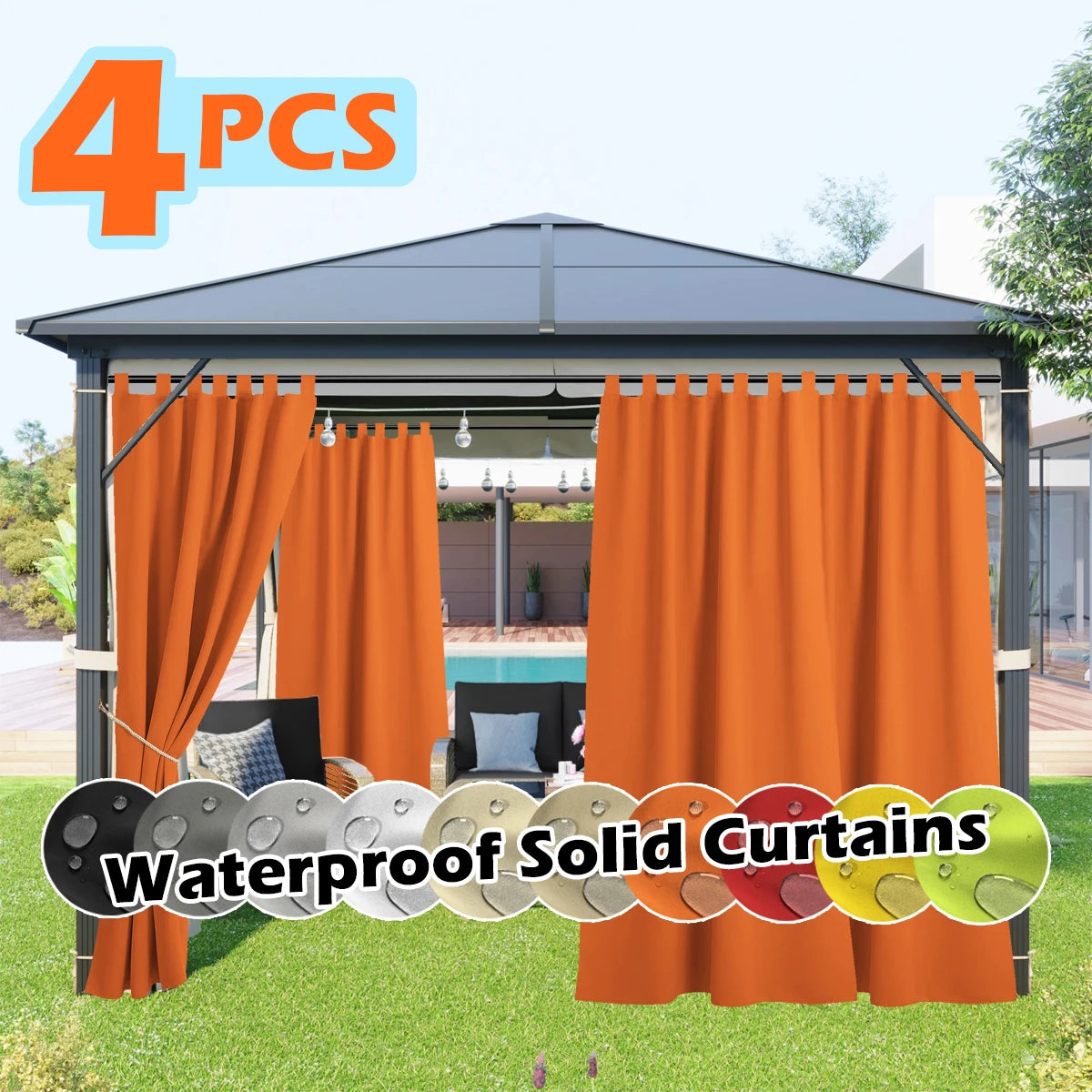 4-panel orange outdoor curtains with tab-top design, waterproof and UV-resistant for gazebo or pergola