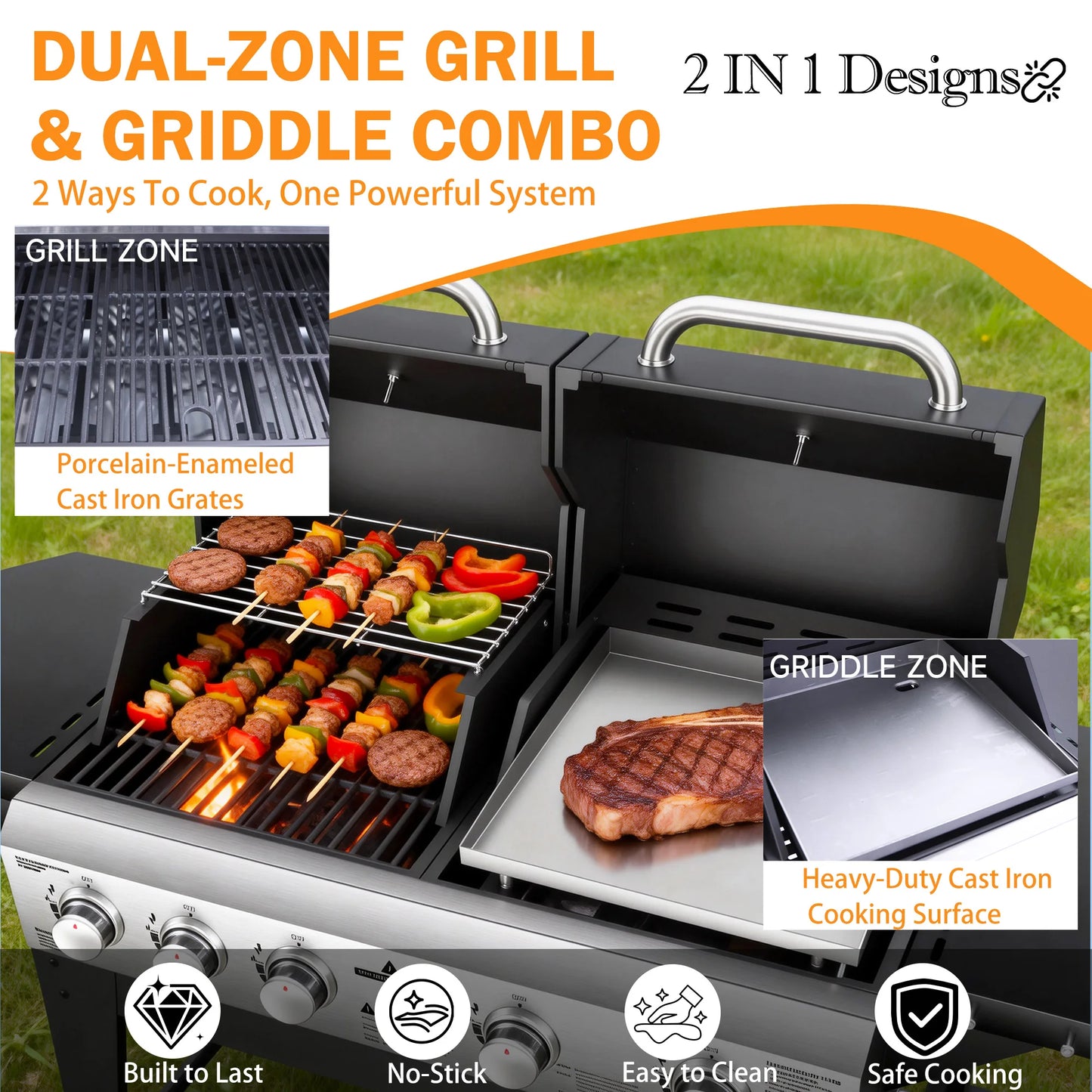 Gas Grill & Flat Top Griddle Combo 54,000 BTU Dual Cooking System,5-Burner Grill Stove Stainless Steel Panel,for Outdoor Cooking by S And B Enterprise