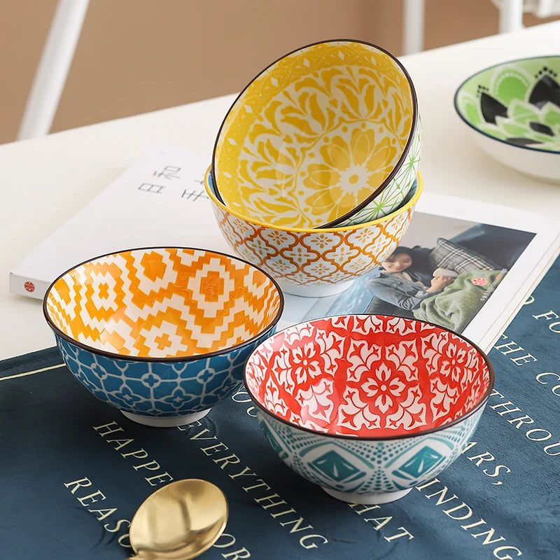 4-Piece Bohemian Ceramic Bowl Set - Salad, Dessert, Soup, Fruit, Appetizer & Snack Nut Bowls, Dishwasher & Microwave Safe by S And B Enterprise