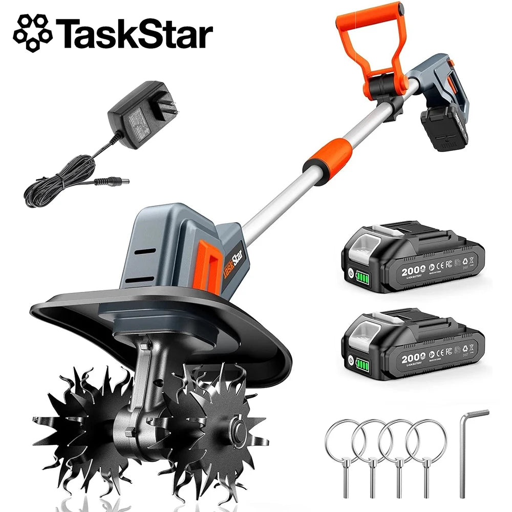 TaskStar cordless electric tiller cultivator with Makita 18V battery compatibility, 2x2000mAh batteries