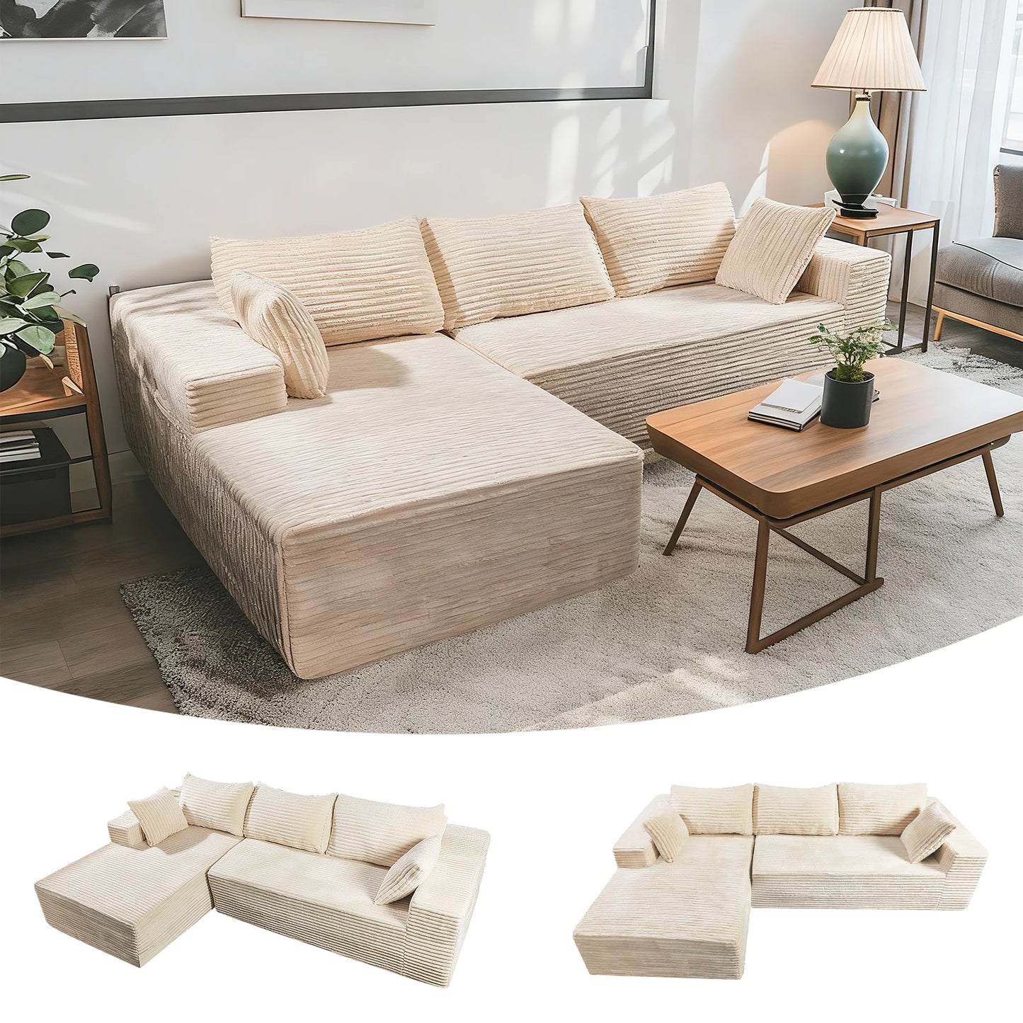 NONECN Cloud-Like Corduroy Sectional Sofa With Chaise And Storage