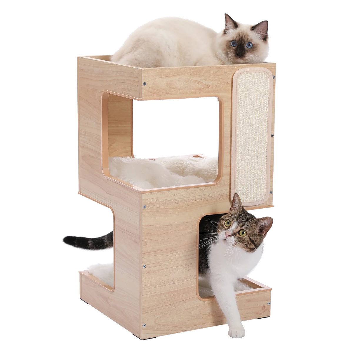 Wood cat condo tower by S And B Enterprise with removable mats and scratching pad; 2 cats