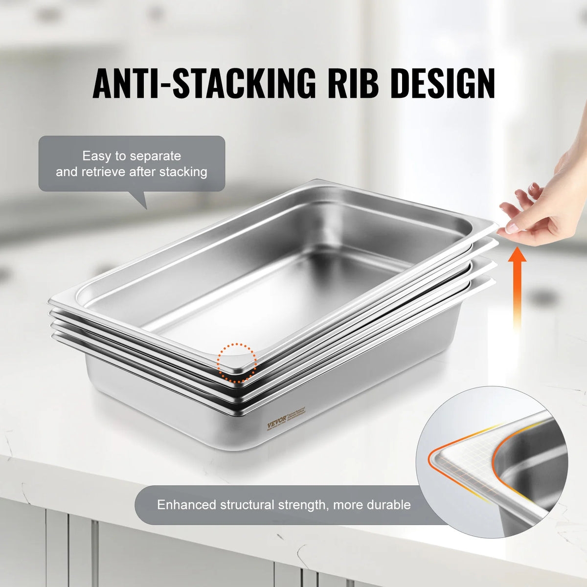 Full-size stainless steel hotel pans with lids, 4-pack, anti-jam rib design, 4-inch deep