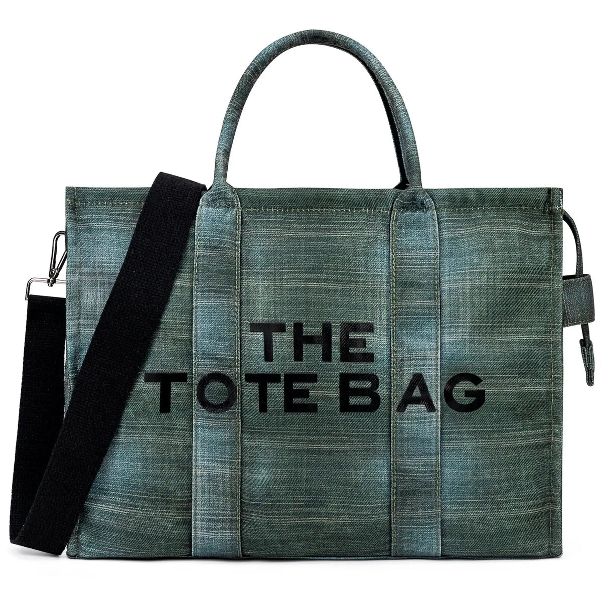Denim canvas tote bag, blue with black shoulder strap, large capacity