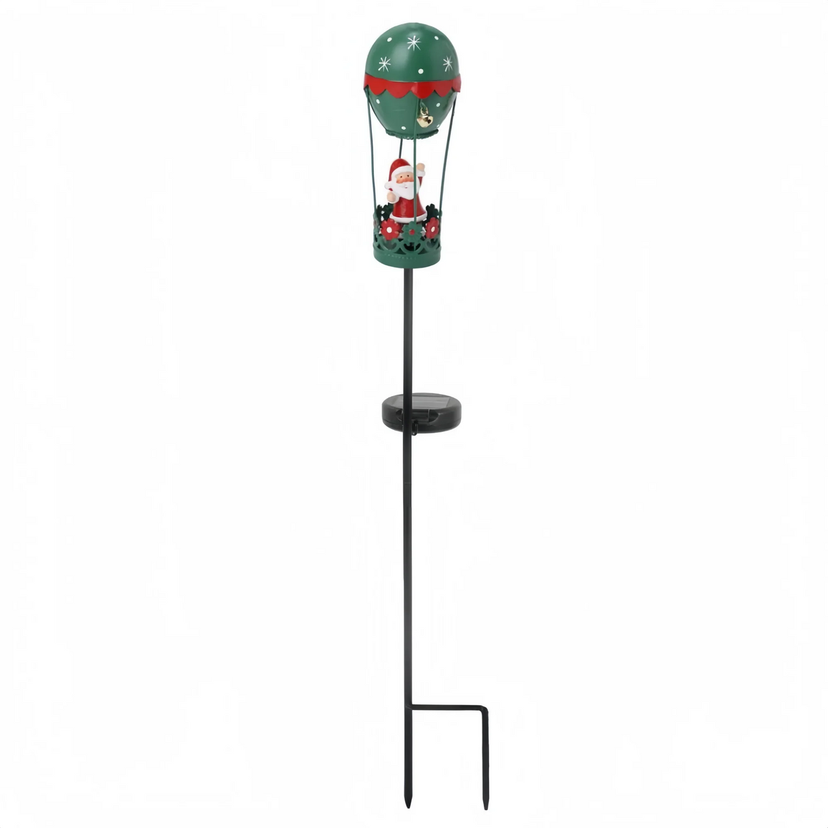 Garden solar stake light featuring Santa in a green hot air balloon with bells and lights for yard decor