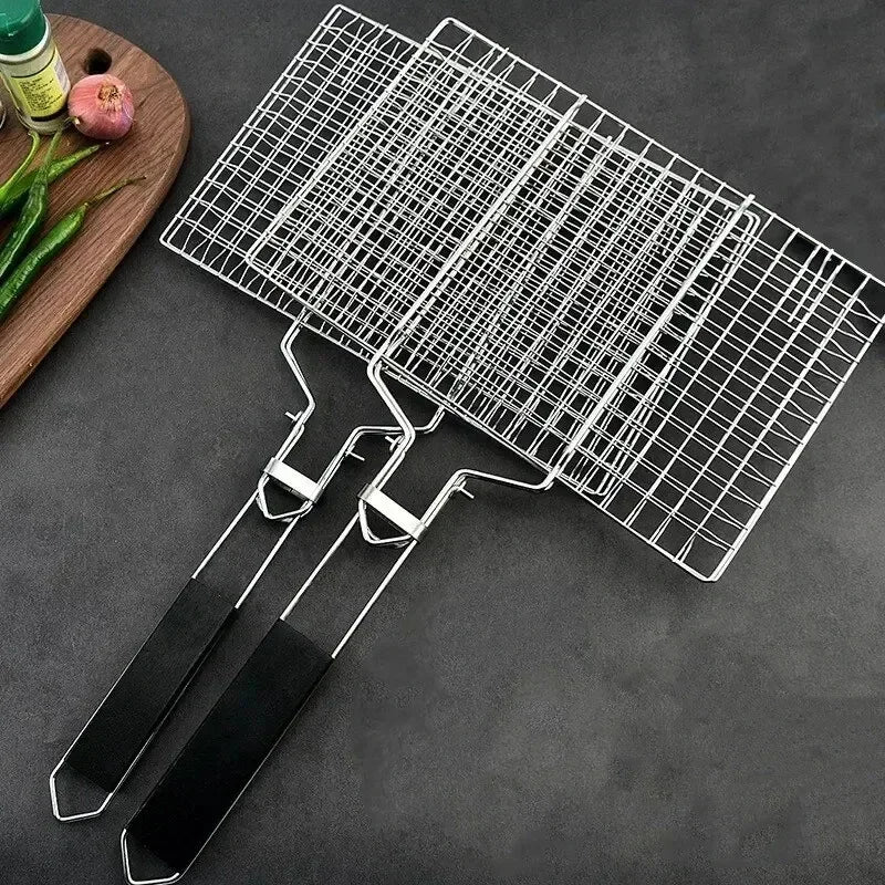 Ultimate non-stick grill basket set, two stainless steel trays with black handles for veggies and small foods