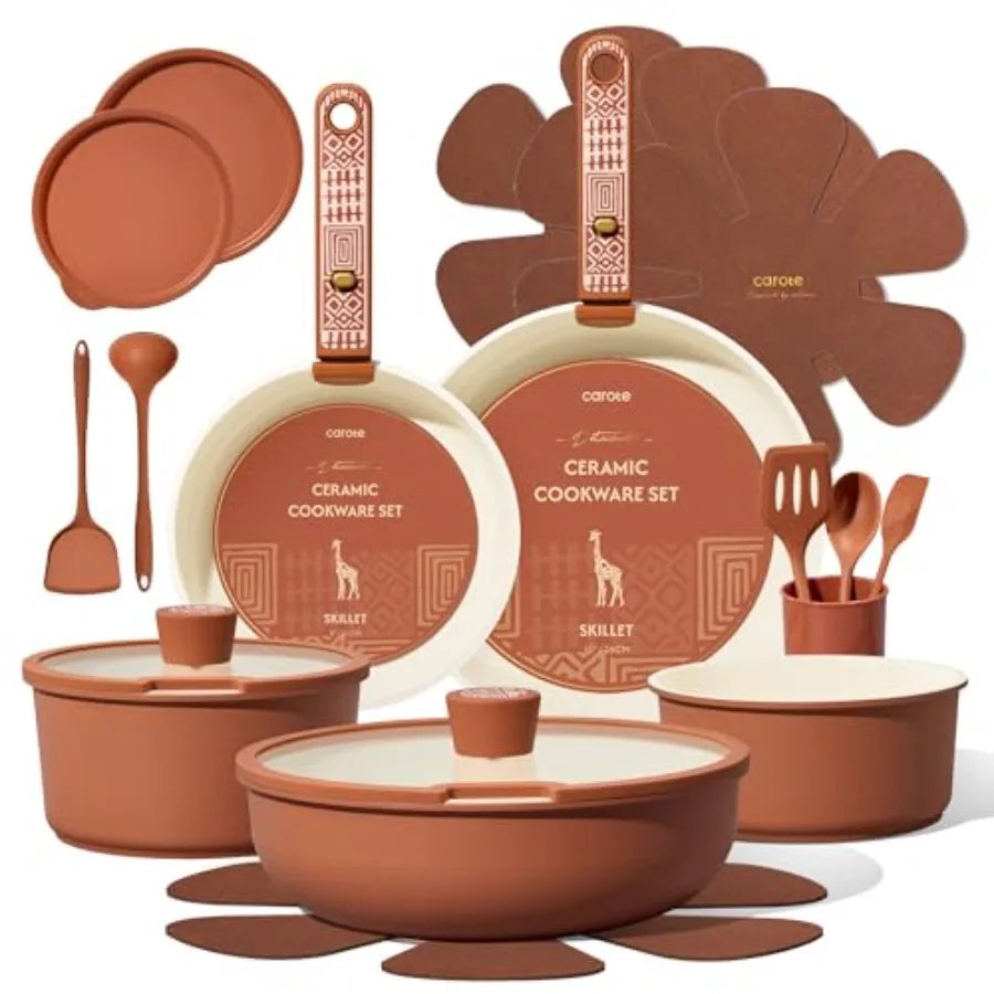 Ceramic cookware set by S And B Enterprise; non-stick pots and pans, brown terracotta, induction and oven safe