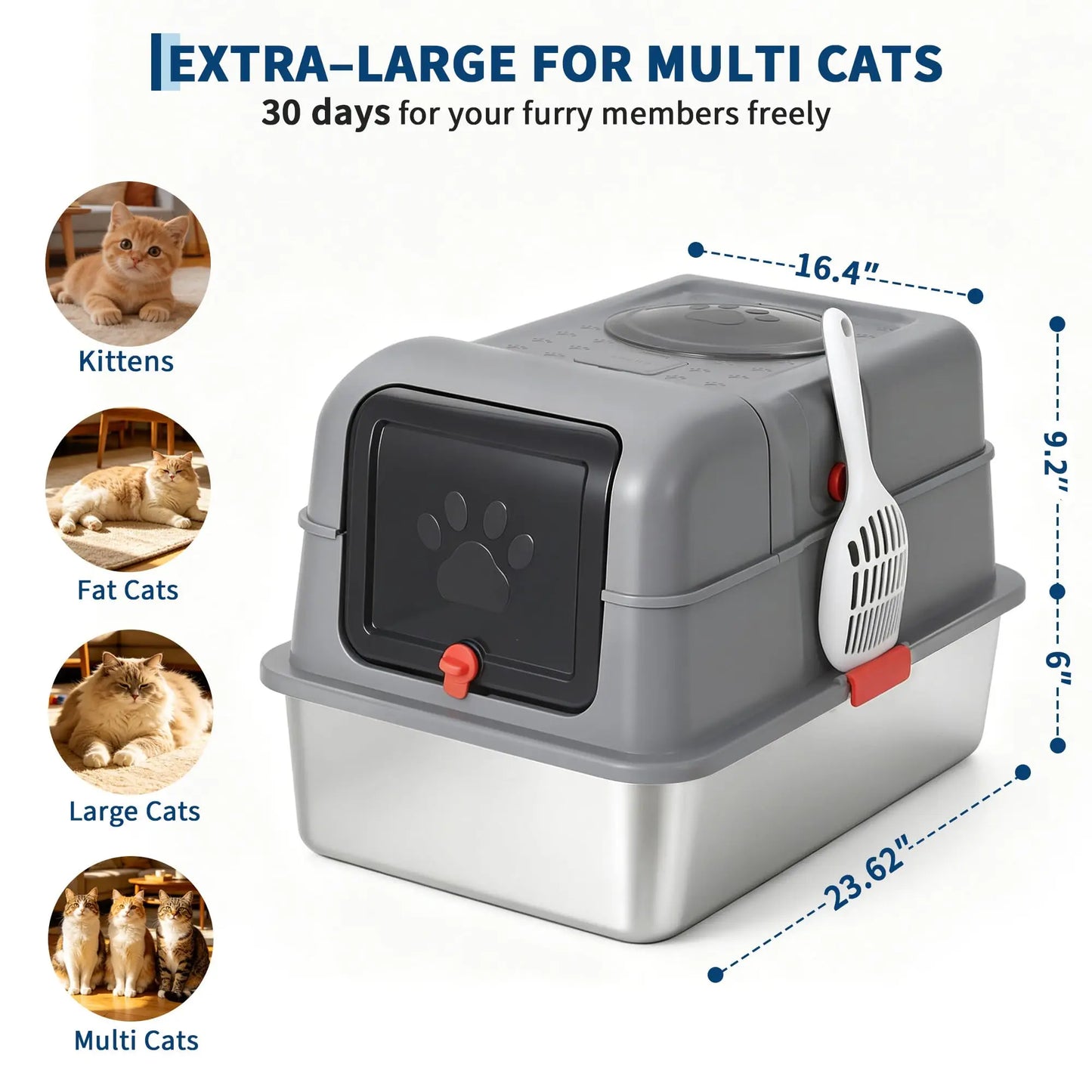 Enclosed Stainless Steel Litter Box With Lid Dog Proof XL Metal Litter Pan High Sided Anti Leak Front Entry Top Exit For Big Cats Includes Scoop For Multi Cat Home by S And B Enterprise