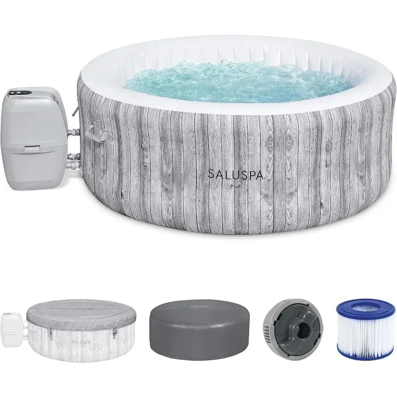 SaluSpa Fiji inflatable hot tub, round 2–4 person with wood-grain gray exterior and white interior, pump included