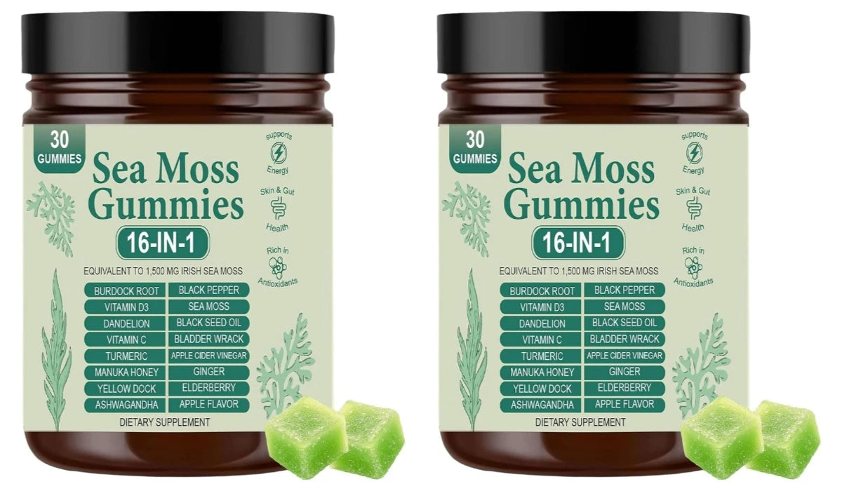 Sea Moss Gummies 16‑IN‑1 Apple flavor, two jars by S And B Enterprise, 30 gummies per bottle