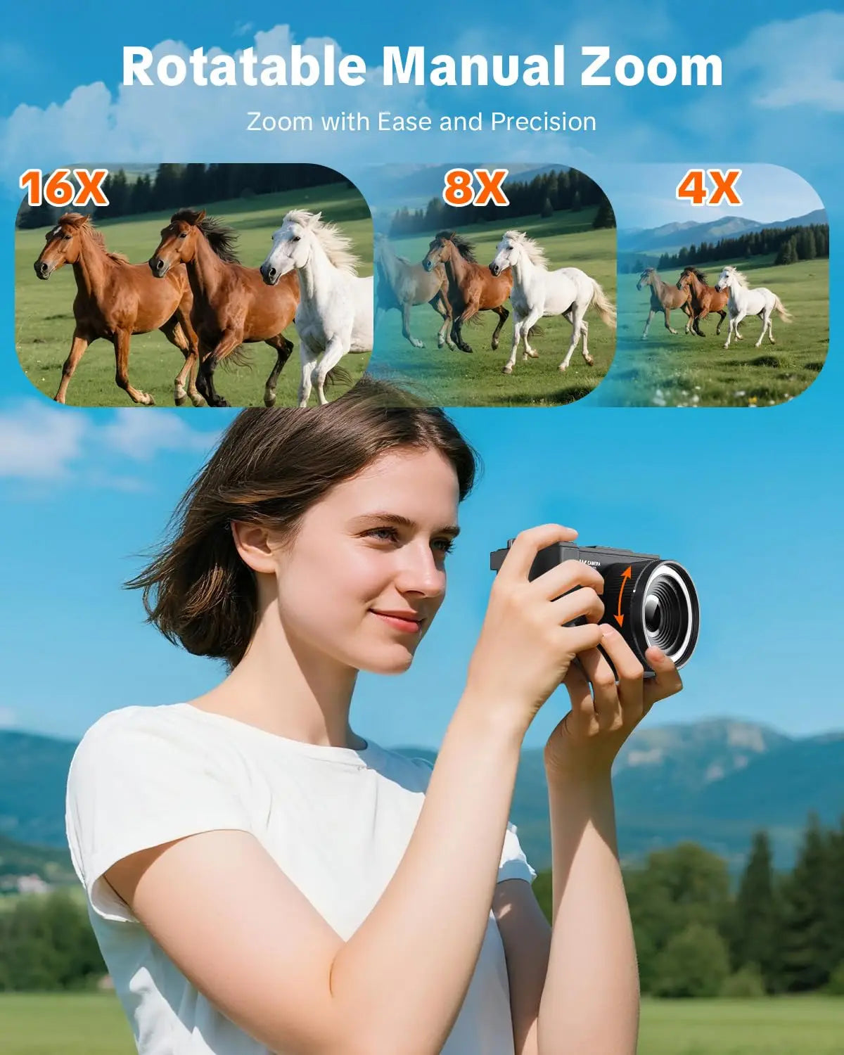 4K digital camera held by a woman outdoors, compact with a ring-lens, against blue sky and green fields.