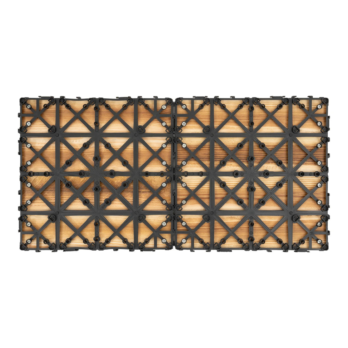 Brown wood-look patio deck tiles with a black interlocking grid; 12x12 inches, 36-piece set.