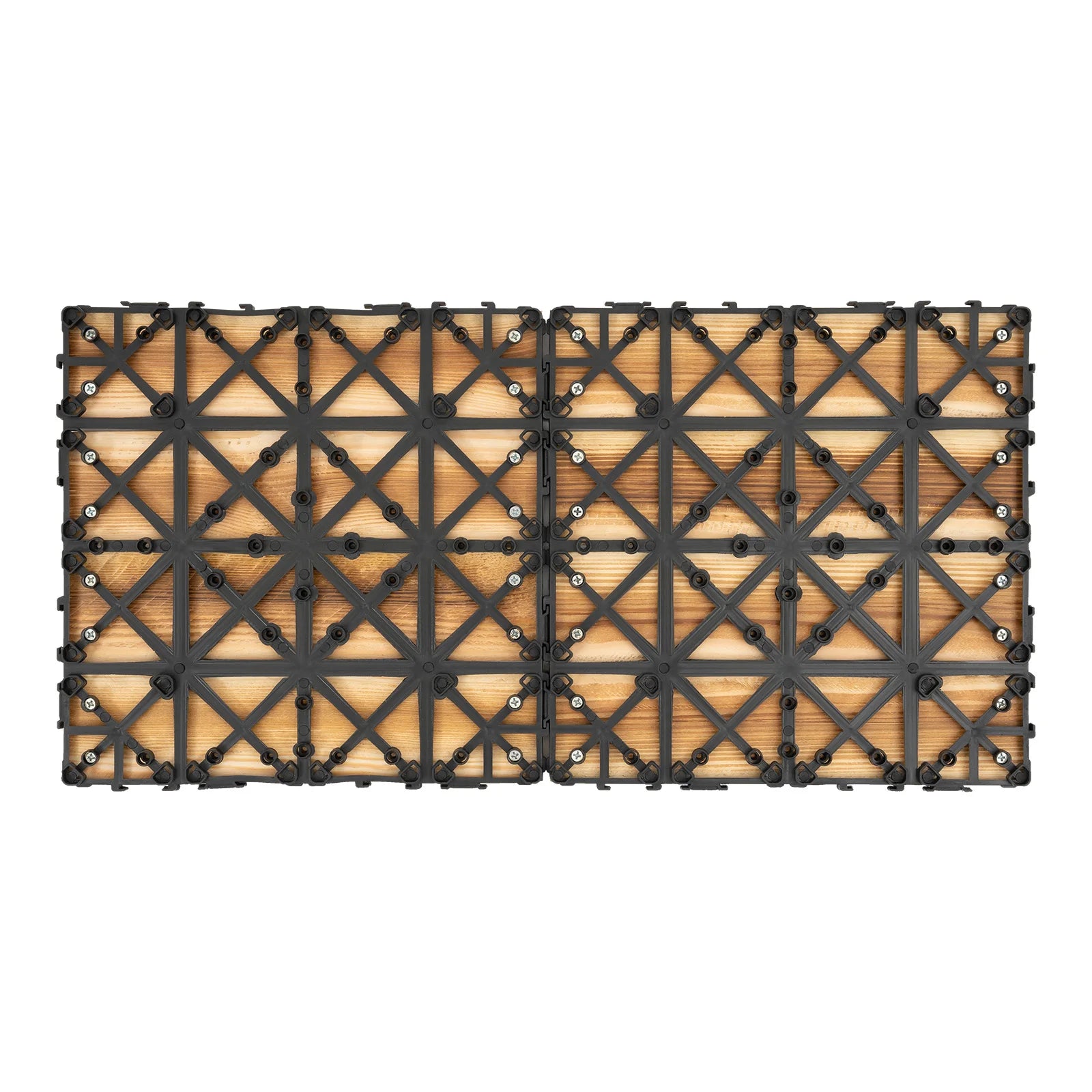 Brown wood-look patio deck tiles with a black interlocking grid; 12x12 inches, 36-piece set.