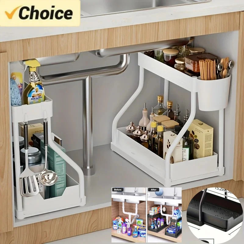 Under-sink 2-tier pull-out organizer in white plastic with Choice logo, large capacity for kitchen and bathroom storage