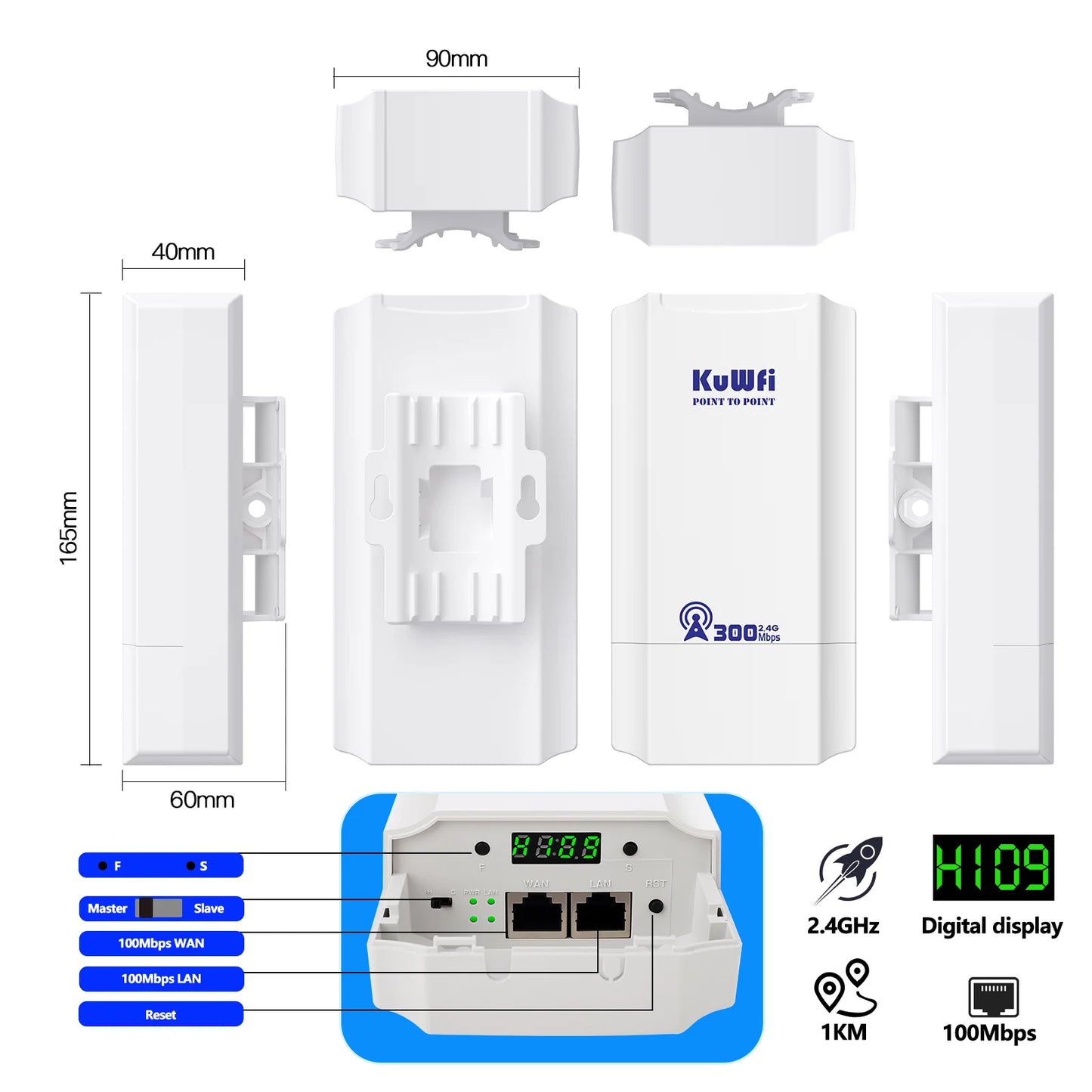 KuWFi Outdoor 300Mbps 2.4GHz CPE Bridge AP Repeater IP65