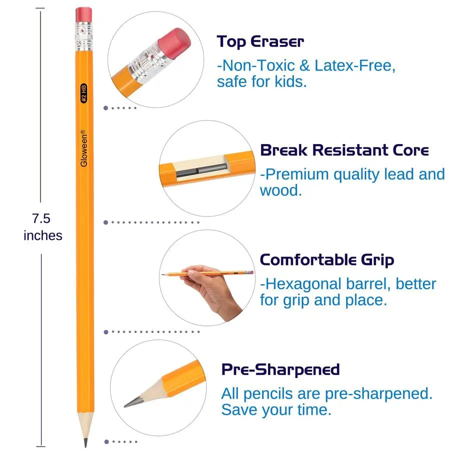 50 Pack Pre-Sharpened HB Pencils With Erasers For Office