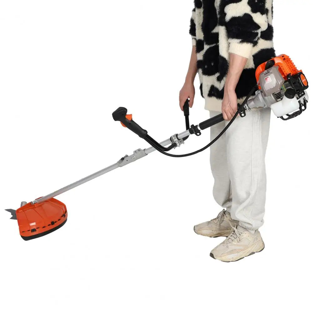52cc gas-powered weed wacker by S And B Enterprise with 2-in-1 hedge trimmer attachment, orange engine