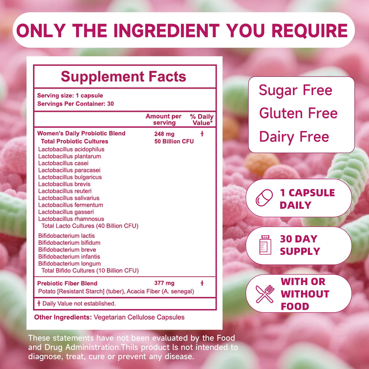 Fmlave Women's Probiotic supplement, 50 Billion CFU, 16 strains, 30 capsules; sugar-free, gluten-free, dairy-free