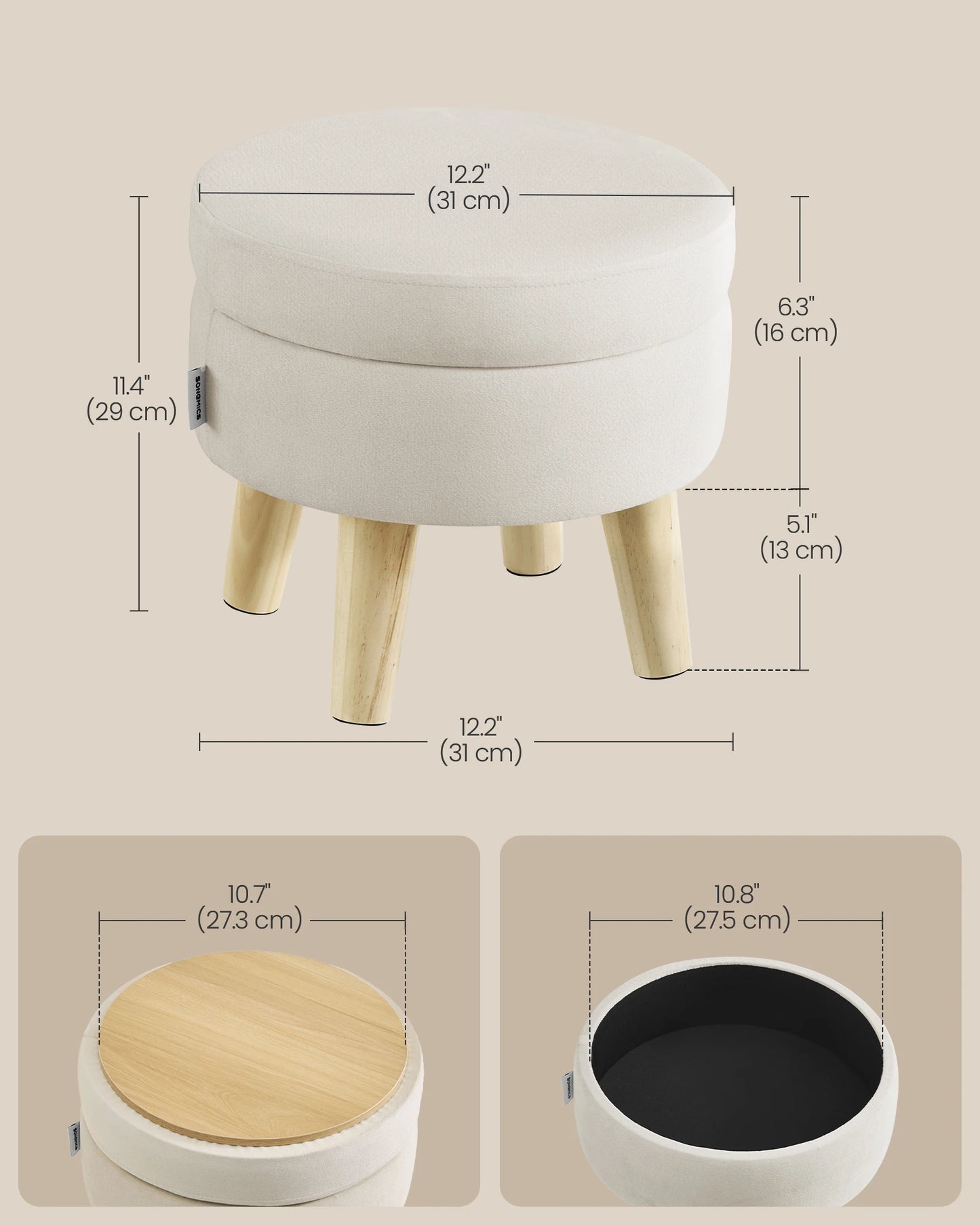 SONGMICS Round Storage Ottoman Foot Stool With Wood Legs by S And B Enterprise