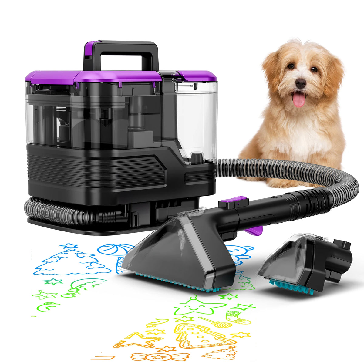 Honki 530W carpet cleaner by S And B Enterprise, purple lid, black body with hose and attachments beside a dog