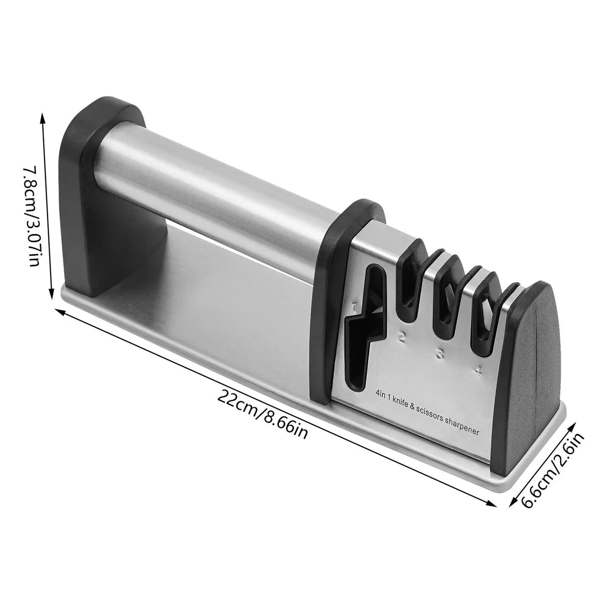 4-stage knife sharpener by S And B Enterprise; stainless steel body with black end caps