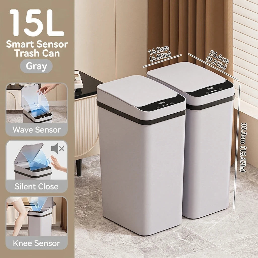 2-pack gray smart sensor trash cans by S And B Enterprise, 12L & 15L, touchless with wave sensor and silent close.