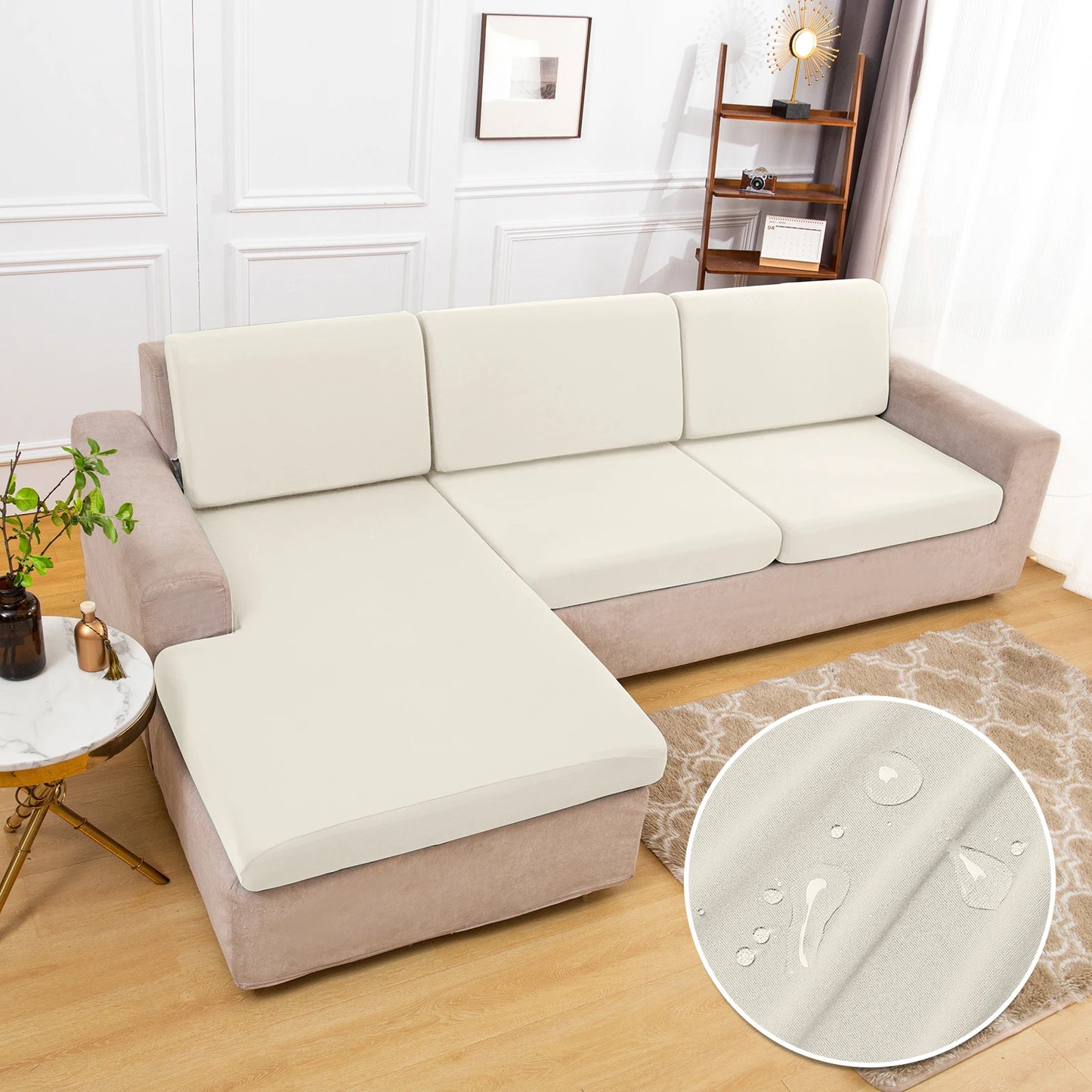Waterproof silky cream sofa cushion covers; non-slip stretch fabric for living room sofa (set of 3)
