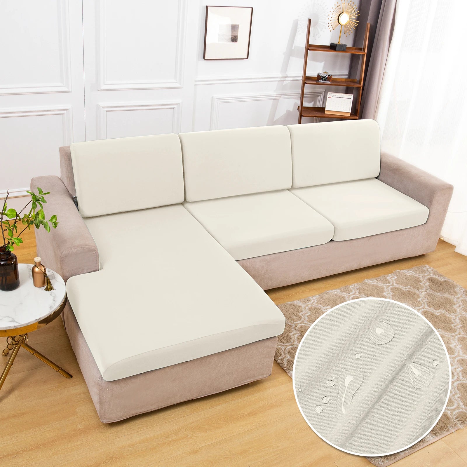 Waterproof silky cream sofa cushion covers; non-slip stretch fabric for living room sofa (set of 3)