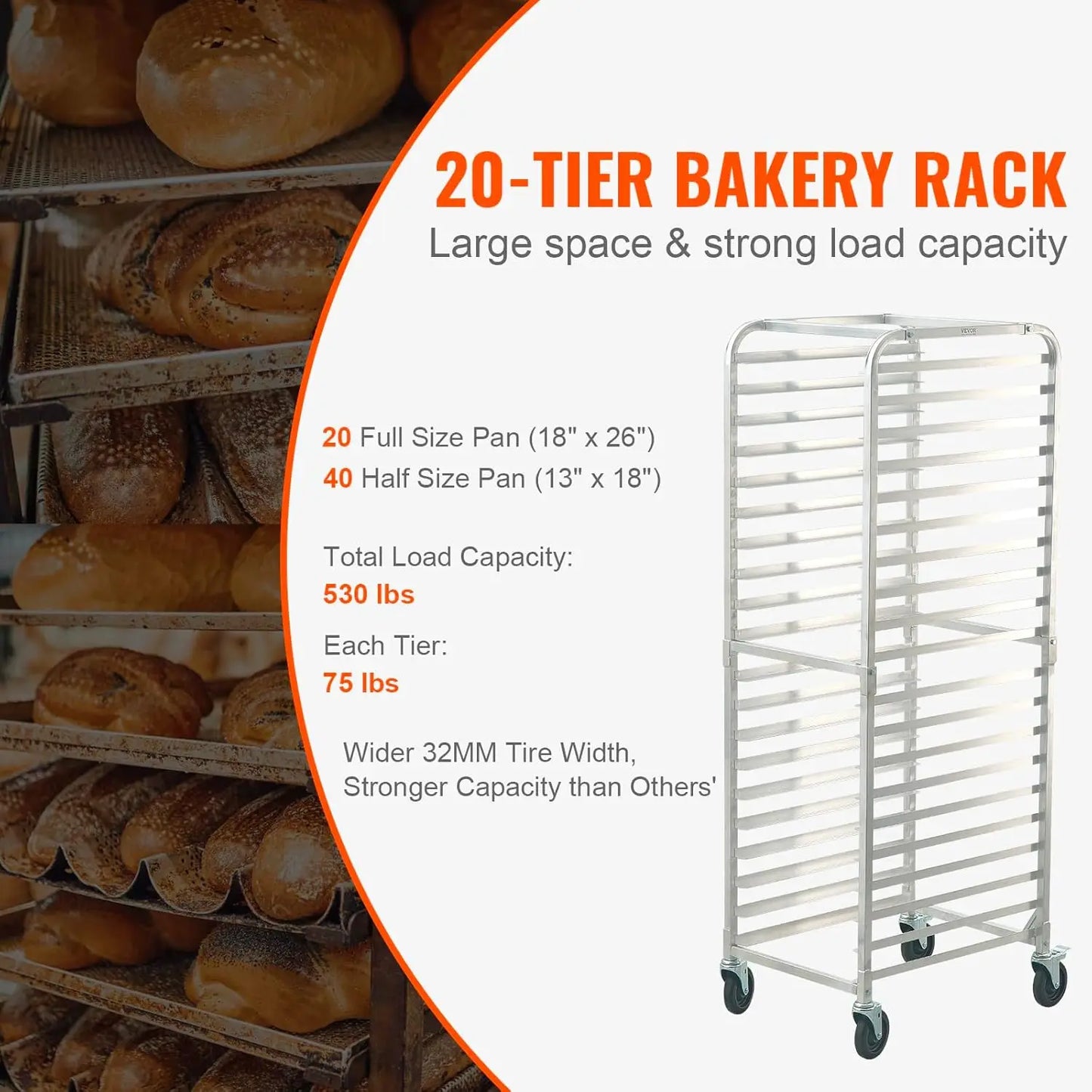 20-Tier Bun Pan Rack For Bakery With Brake Wheels And Aluminum Trolley