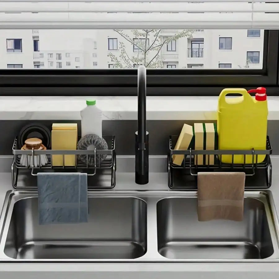 Stainless steel draining kitchen sponge shelf with two wire baskets, slope design for water drainage above double kitchen sink
