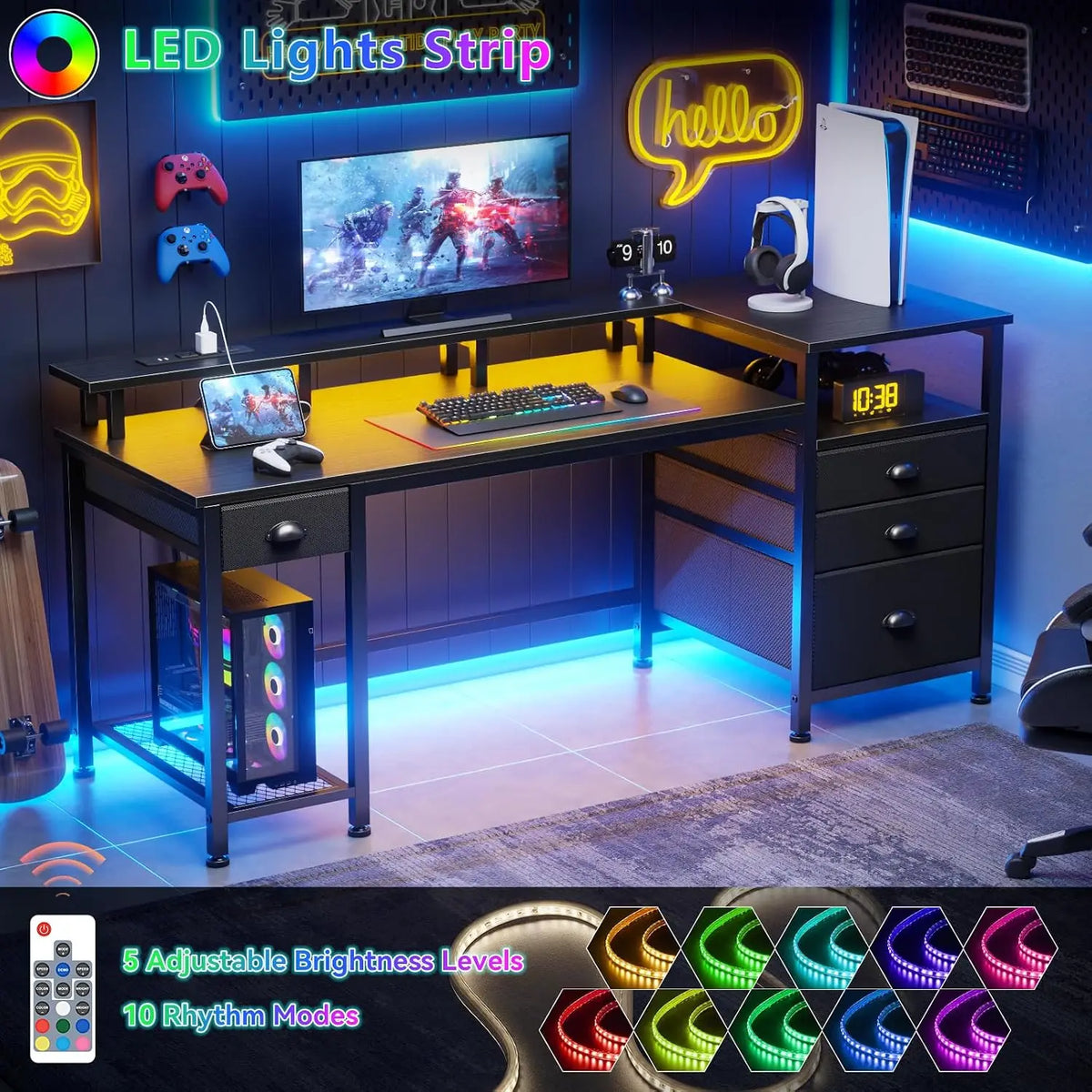 60-inch black gaming computer desk by S And B Enterprise with 4 drawers, printer space, LED light strip and USB outlets