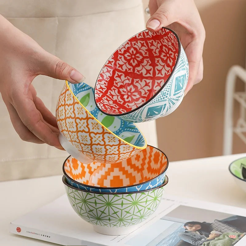 4-Piece Bohemian Ceramic Bowl Set - Salad, Dessert, Soup, Fruit, Appetizer & Snack Nut Bowls, Dishwasher & Microwave Safe by S And B Enterprise