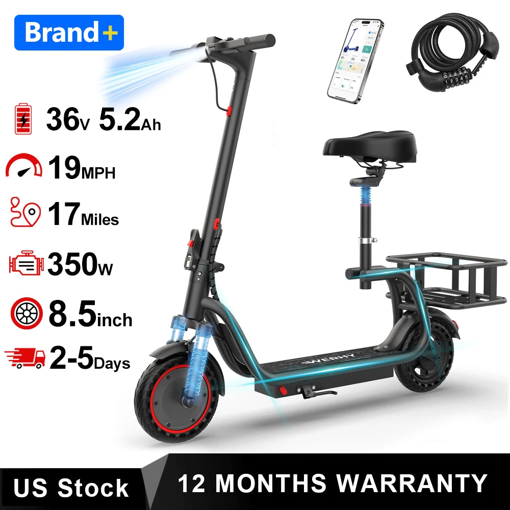 Brand+ foldable electric bicycle with basket, blue frame and rear rack.