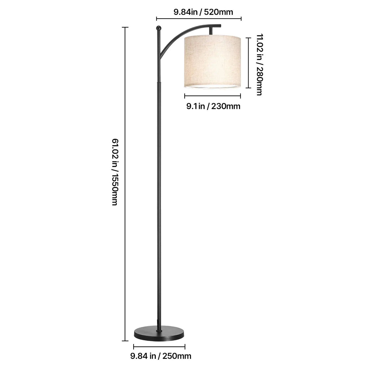 S And B Enterprise floor lamp with beige fabric lampshade, black metal stem, round base