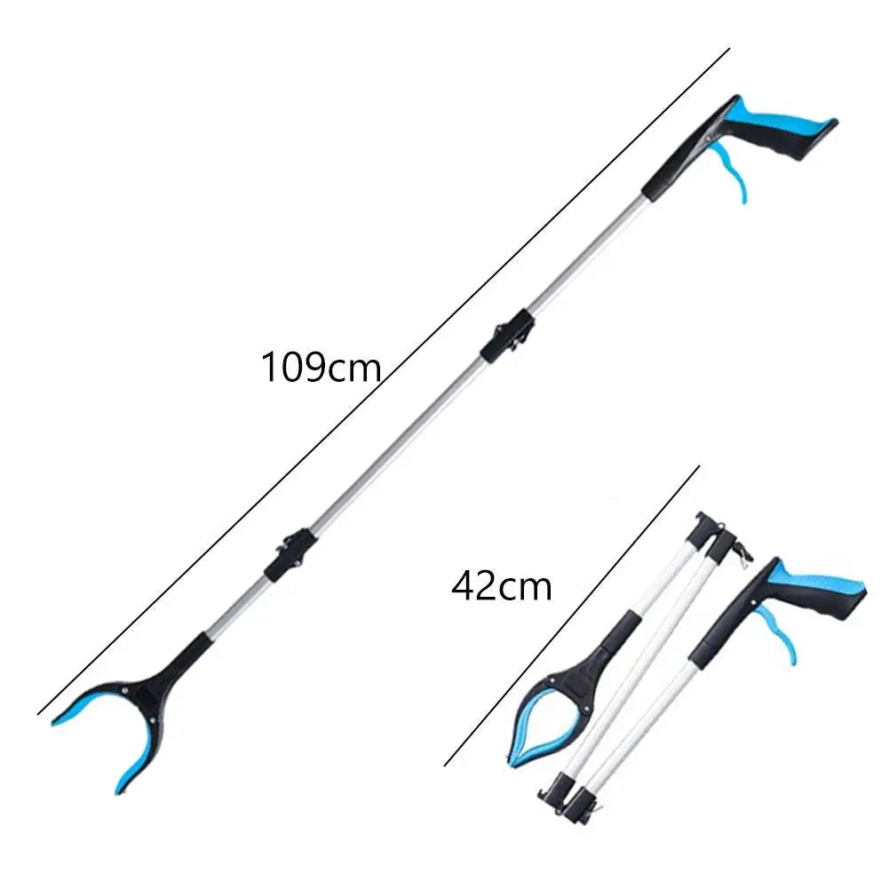 Flexible folding grabber tool by S And B Enterprise with blue handle, 109cm extended, 42cm folded