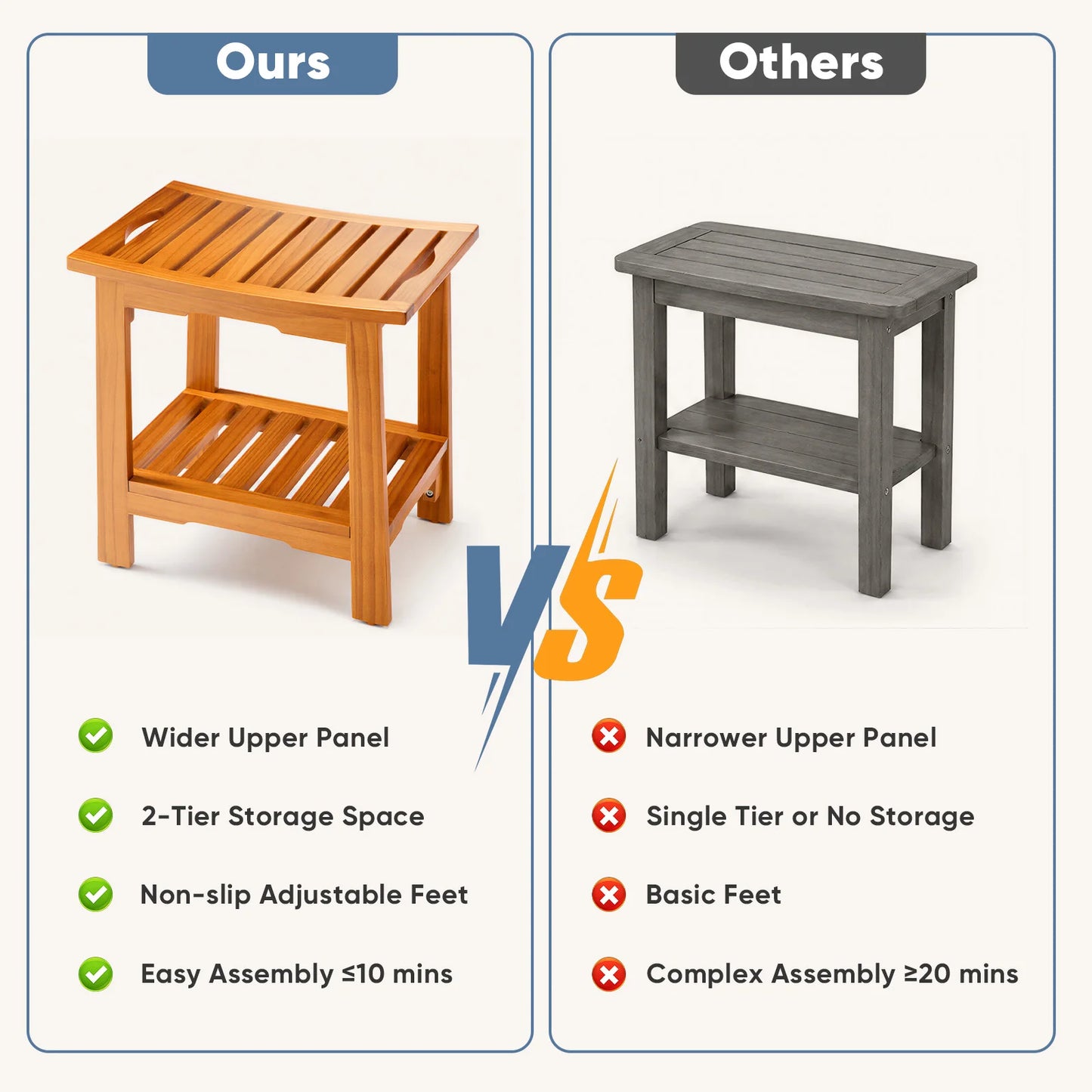 Two wooden shower stools with storage shelves; left natural finish, right gray stained.