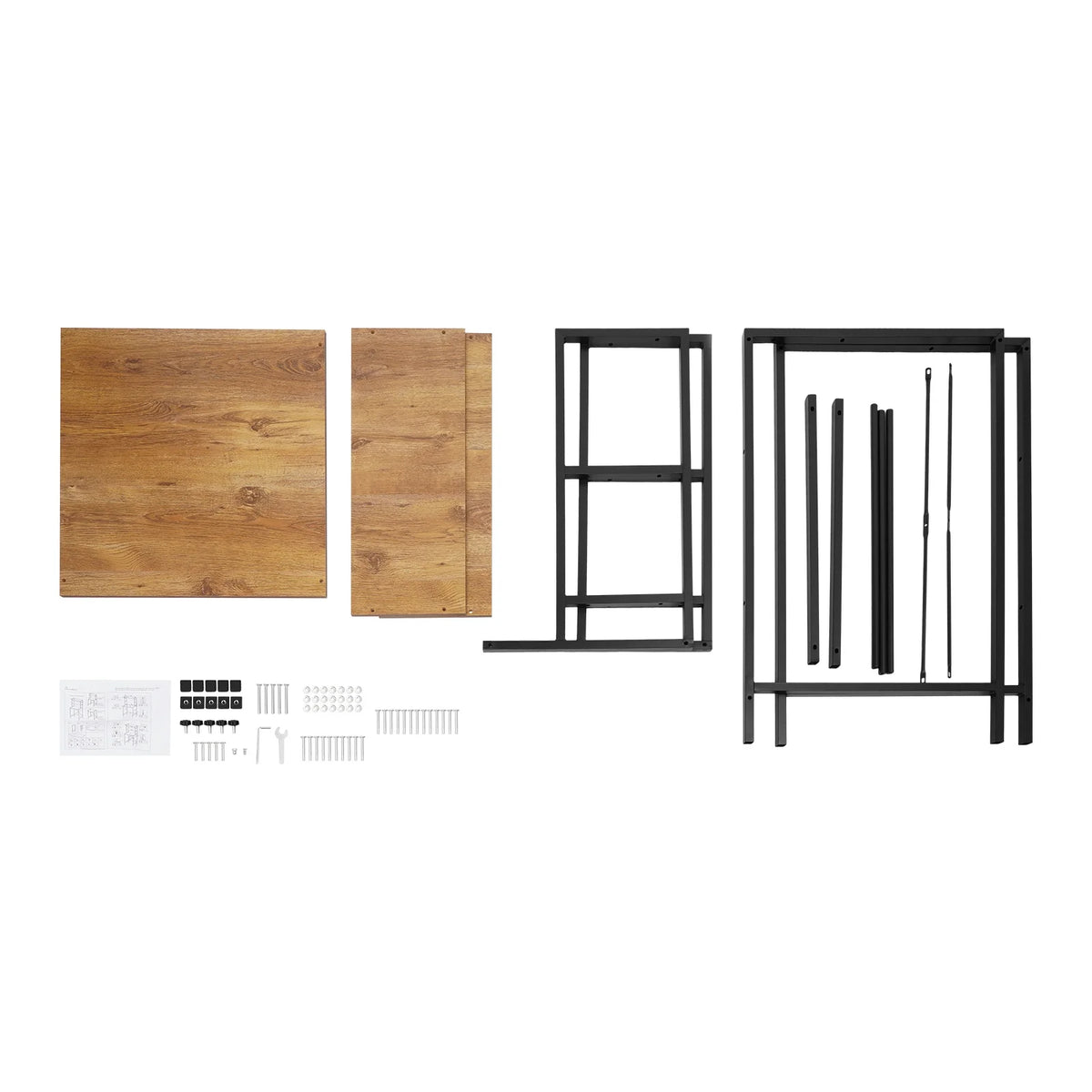 Over washing machine laundry storage shelf kit by S And B Enterprise; oak veneer MDF panels with black iron frame