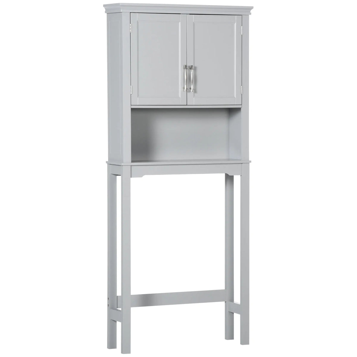 Kleankin over-the-toilet storage cabinet, gray with double doors, adjustable interior shelf, and open lower shelf.