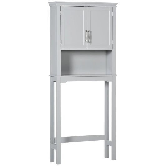 Kleankin over-the-toilet storage cabinet, gray with double doors, adjustable interior shelf, and open lower shelf.